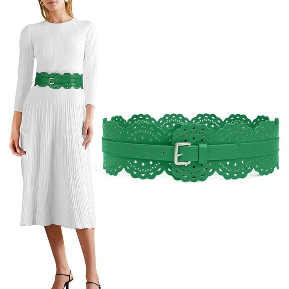 Women\'s Wide Dresses Chunky Thick Leather Waist Prong Buckle Belts Silver Green main image 4